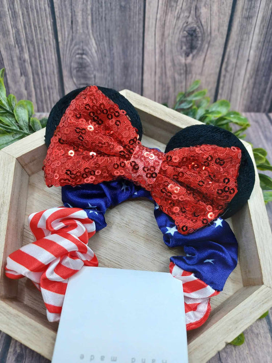 Red, White, & Blue Hair Scrunch w/ Black Mouse Ears