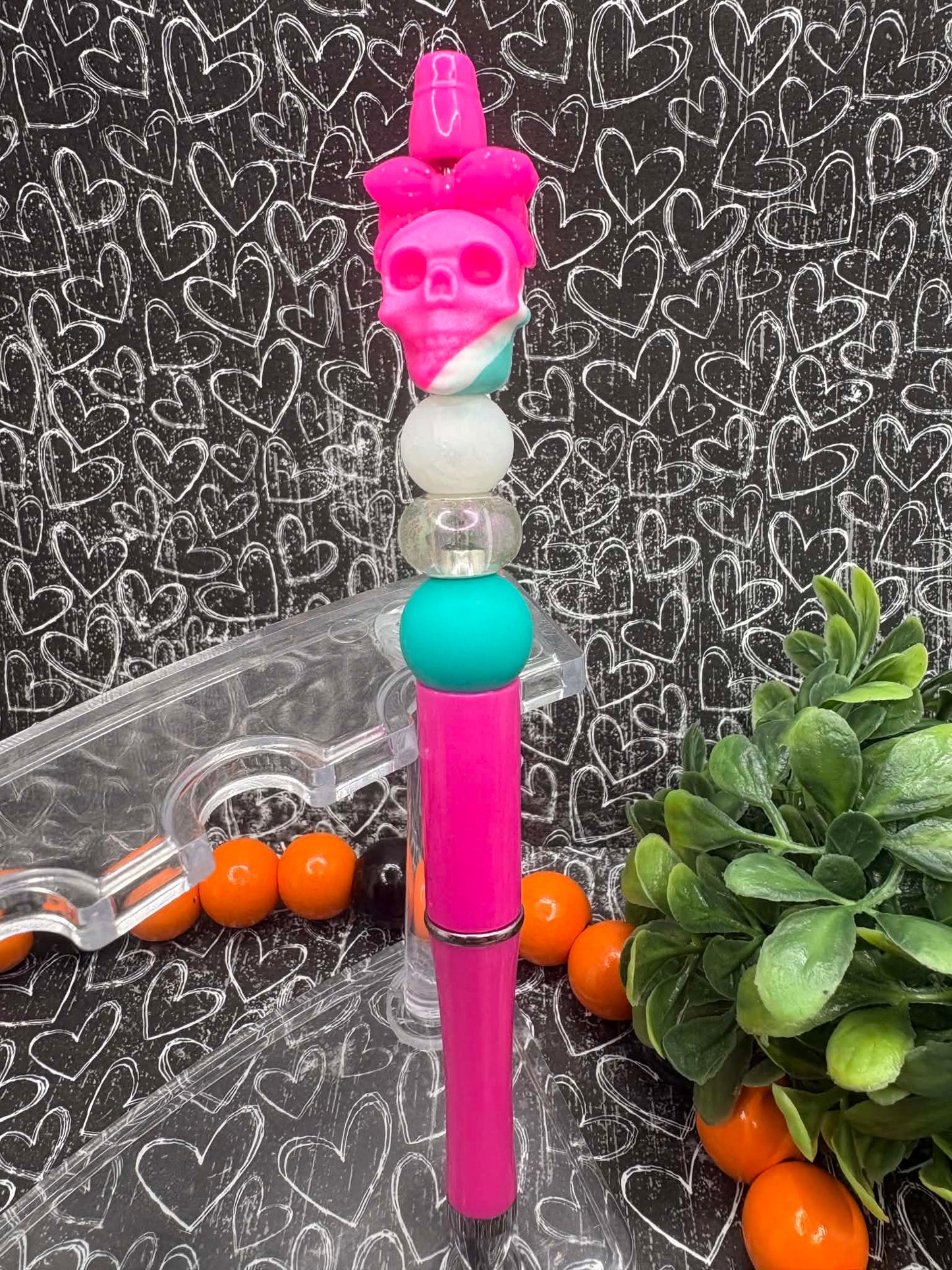 Hot Pink, White, & Teal Skull Beaded Ink Pen
