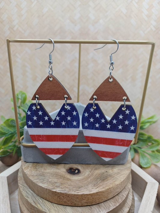 Wooden Hinged Red, White, & Blue Earrings