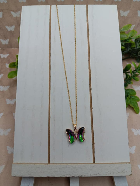 Gold Short Necklace w/ Oil Spill Butterfly Pendant