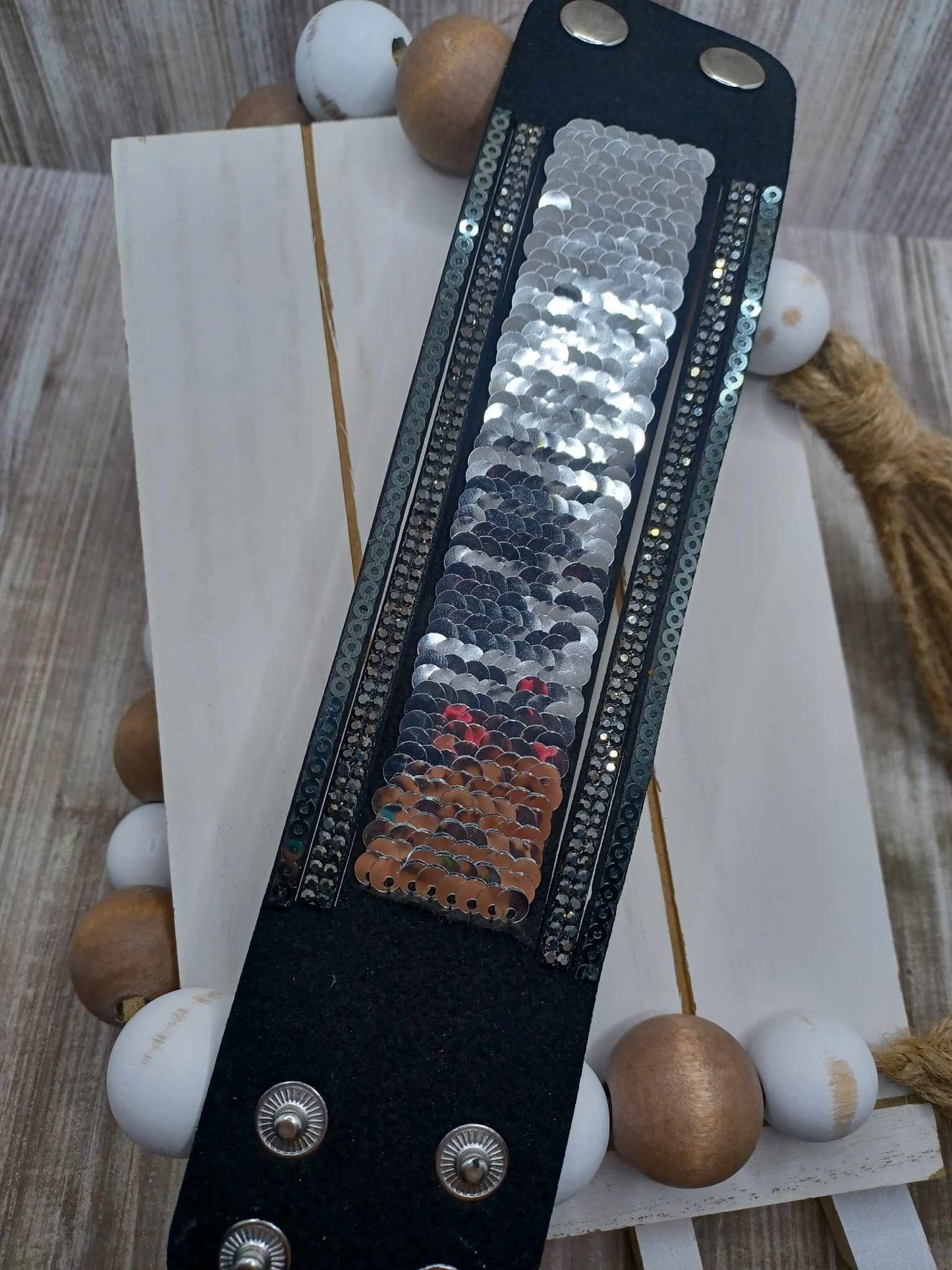 Wide Banded Black Suede Bracelet w/ Rhinestones & Sequins