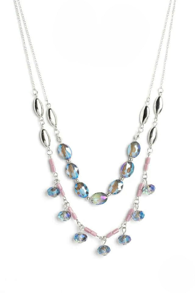 Double Layered Silver Necklace w/ Blue Iridescent Beaded Detail