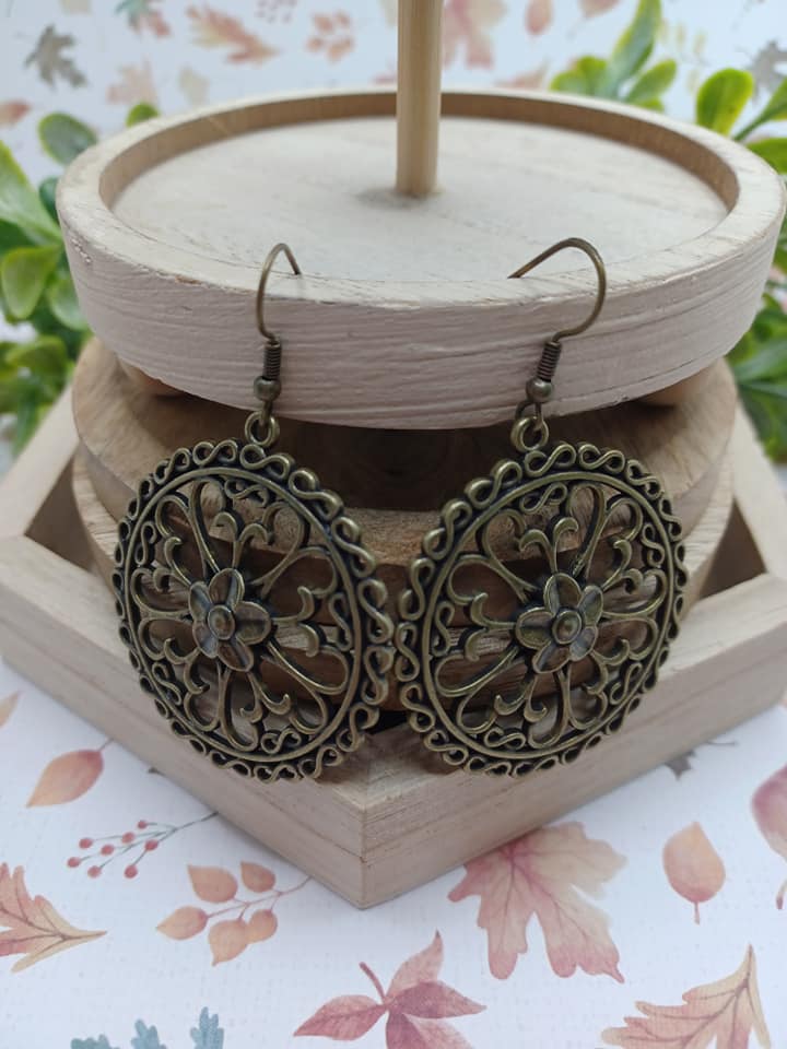 Brass Filigree Style Earrings w Floral Center