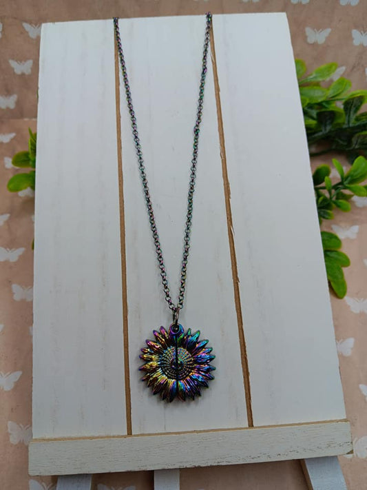 Oil Spill Style Necklace w/ Sunflower "You are my Sunshine"