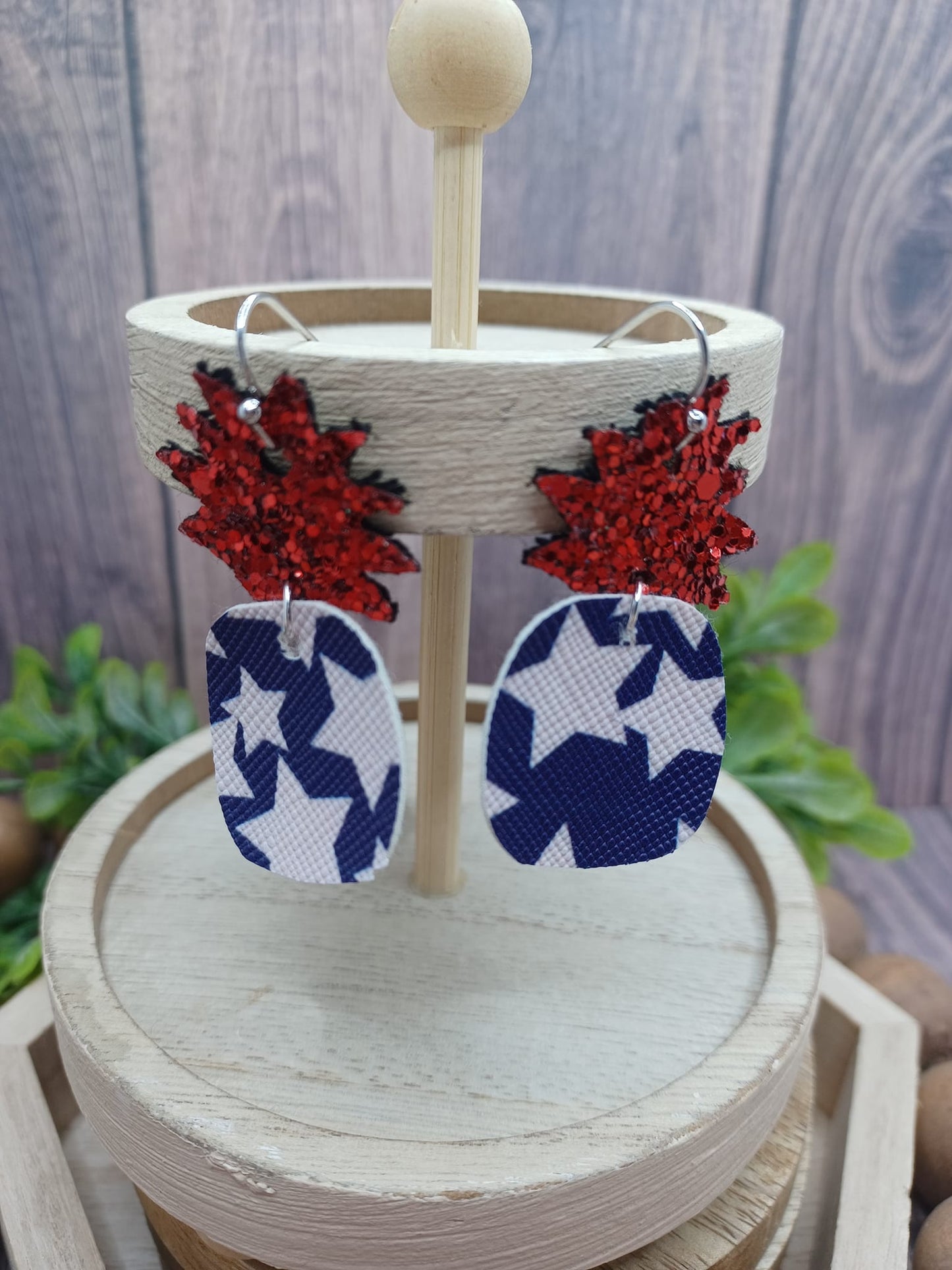 Red, White, & Blue Pineapple Earrings w/ Stars & Red Glitter