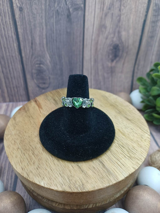 Silver Ring w/ Green Rhinestones & Heart - Size 7