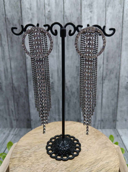 Gunmetal Tassel Earrings w/ Rhinestone Accents