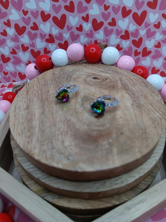 Dainty Oil Spill Heart Earrings w/ White Rhinestone Accents