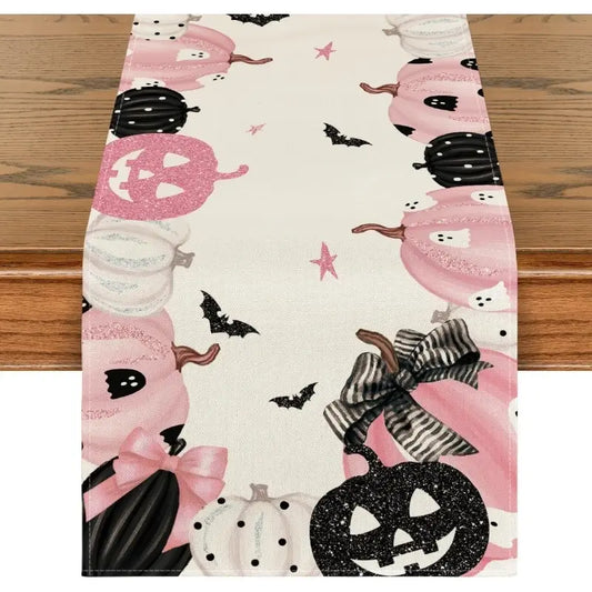 Pink, Black, & White Halloween Pumpkin Table Runner