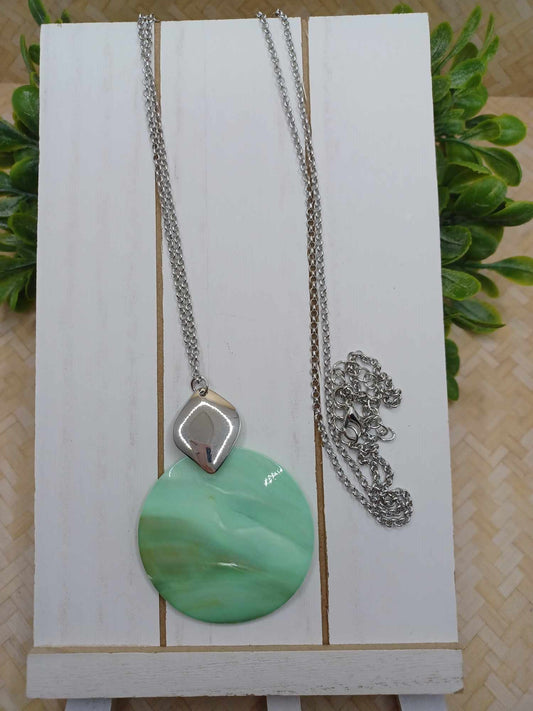 Silver Long Necklace w/ Sea Foam & Silver Pendant