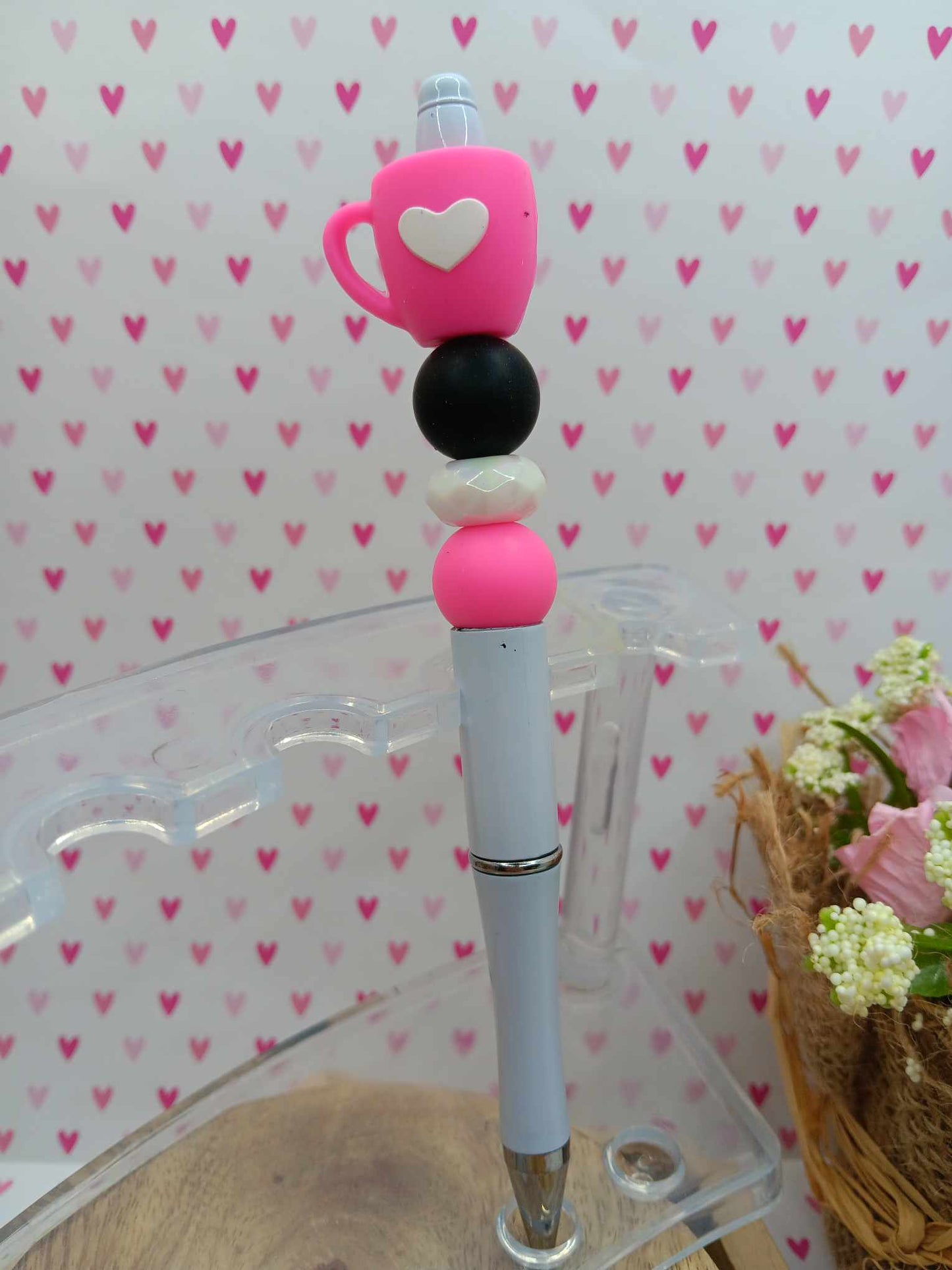 Be Mine Coffee Cup Beaded Ink Pen - Hot Pink