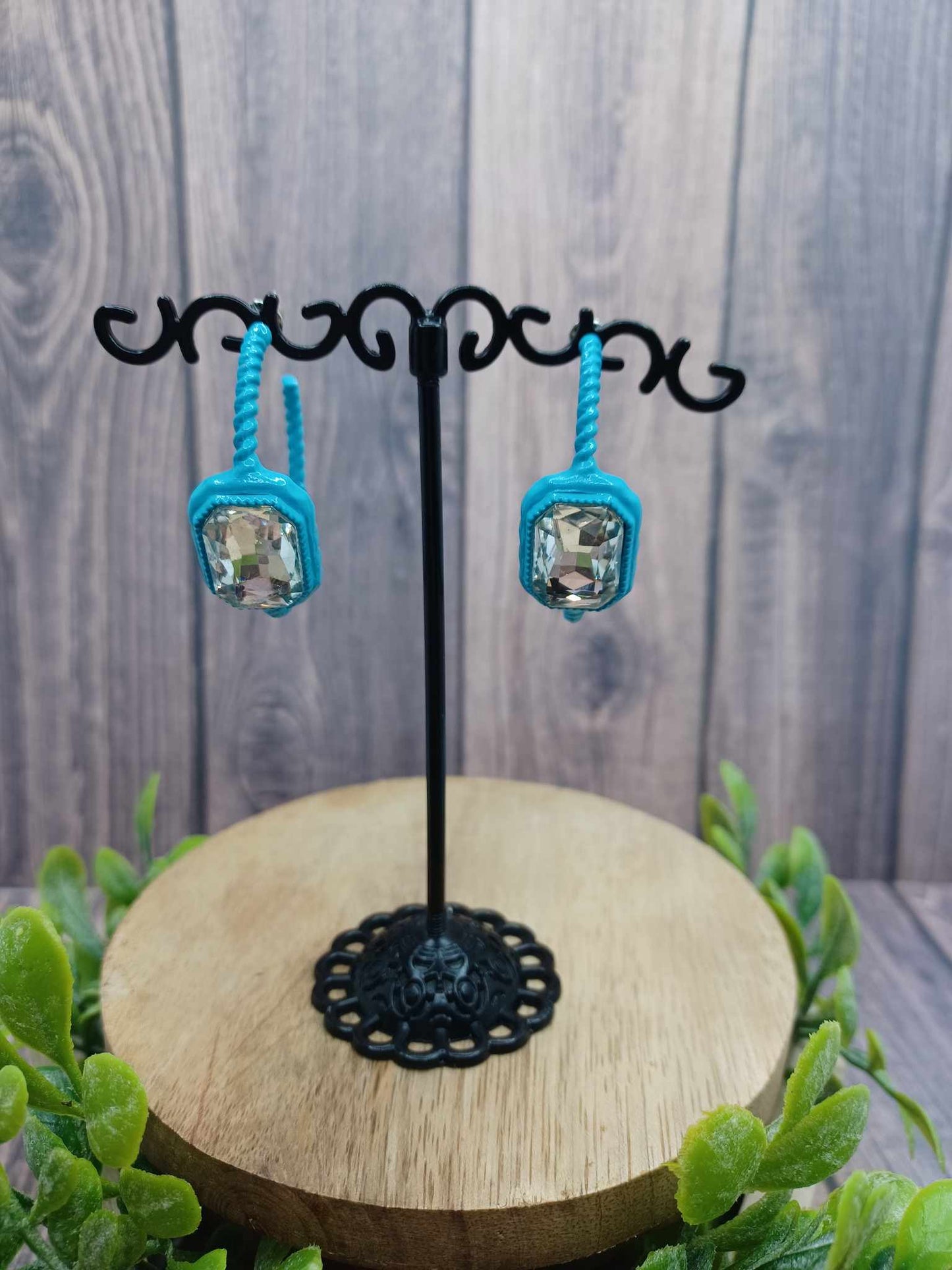 Blue Hoop Earrings w/ Rhinestone Accents