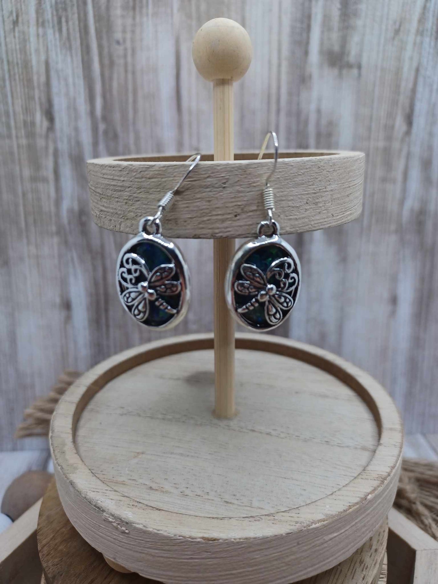 Blue & Green Oil Spill Dragonfly Style Earrings