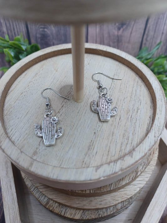 Silver Cactus w/ Flower Earrings