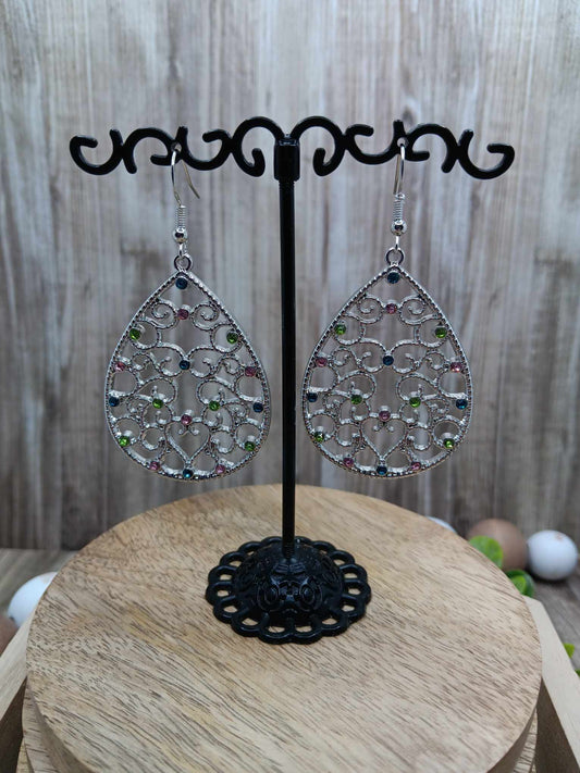 Sllver Teardrop Earrings w/ Multicolored Rhinestones