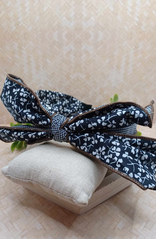 Black, Brown, & Floral Headband w/ Adjustable Top Knot