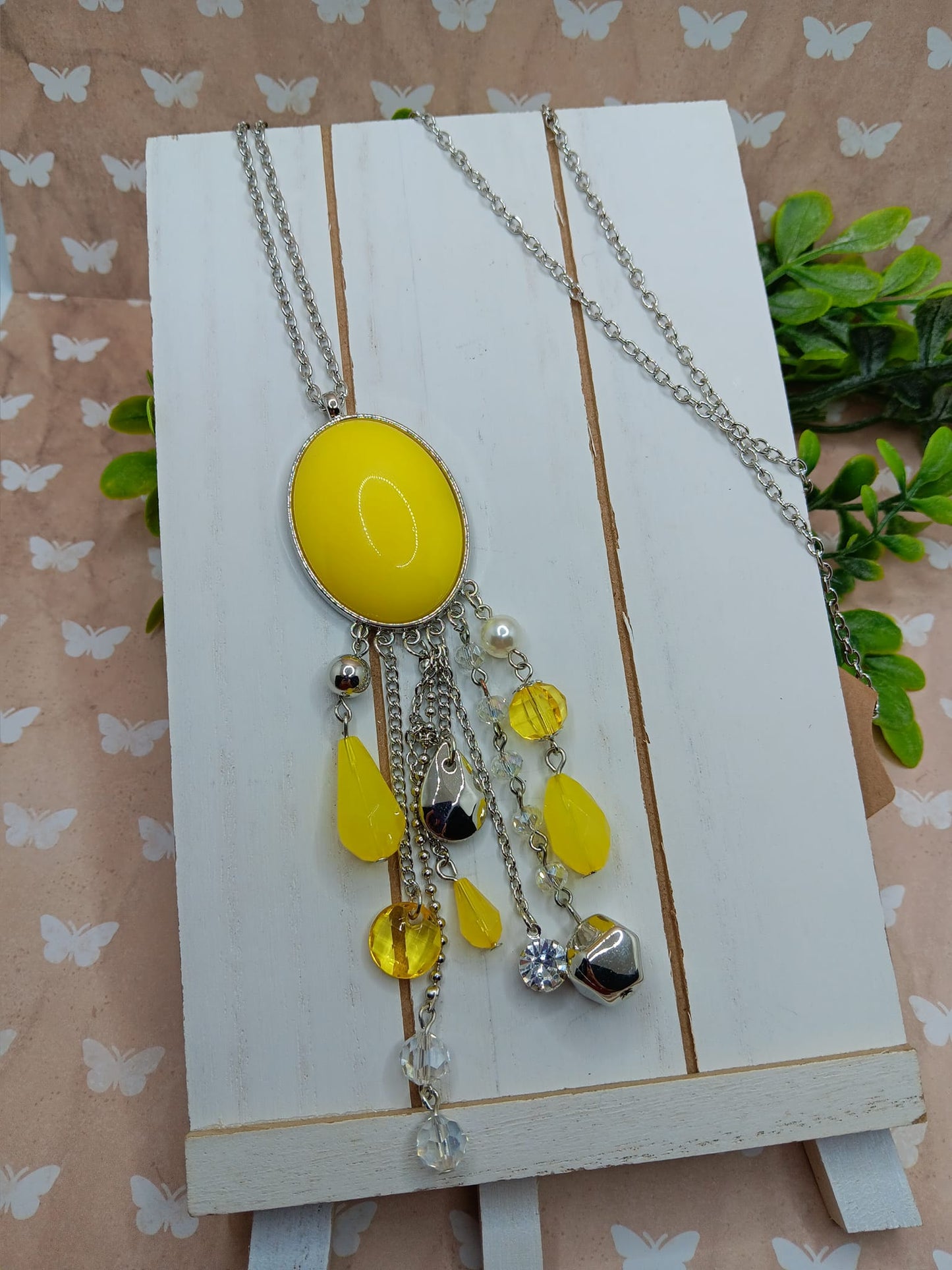Silver Necklace w/ Yellow & Clear Beaded Pendant