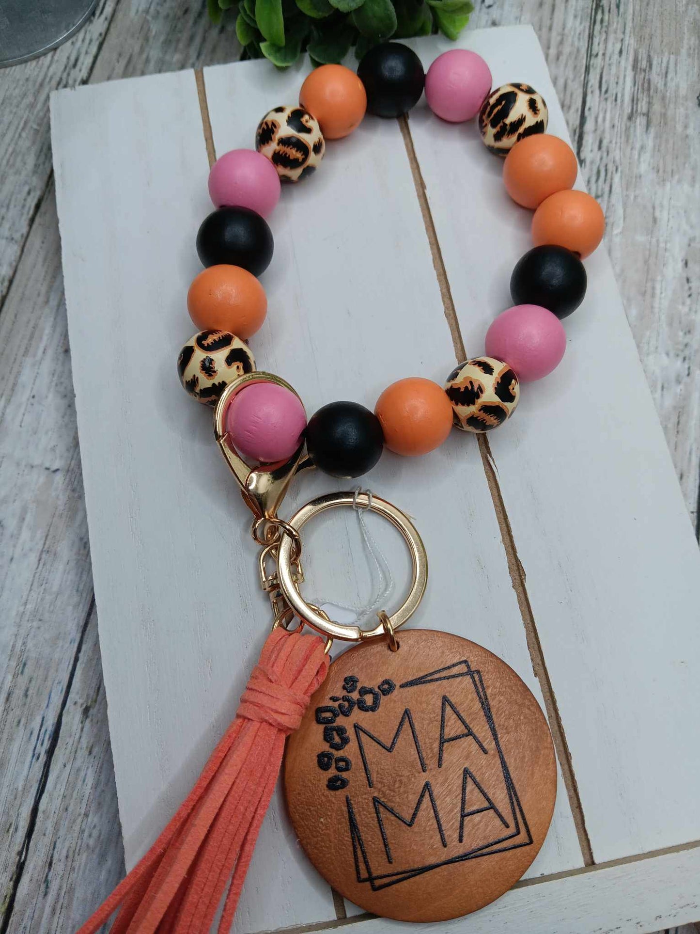 Pink, Orange, & Leopard Beaded Mama Wristlet Keychain