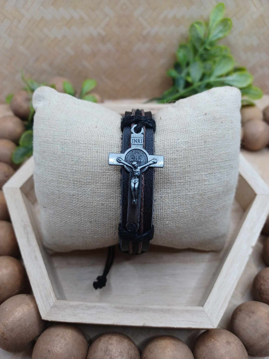 Dark Brown Jesus Leather Style Bracelet w/ Twine - Silver