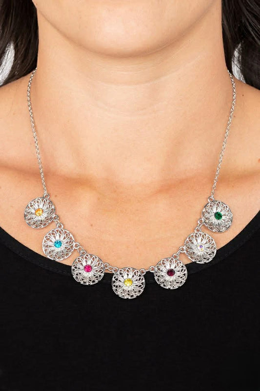 Silver Short Necklace w/ Multicolored Stone Pendant