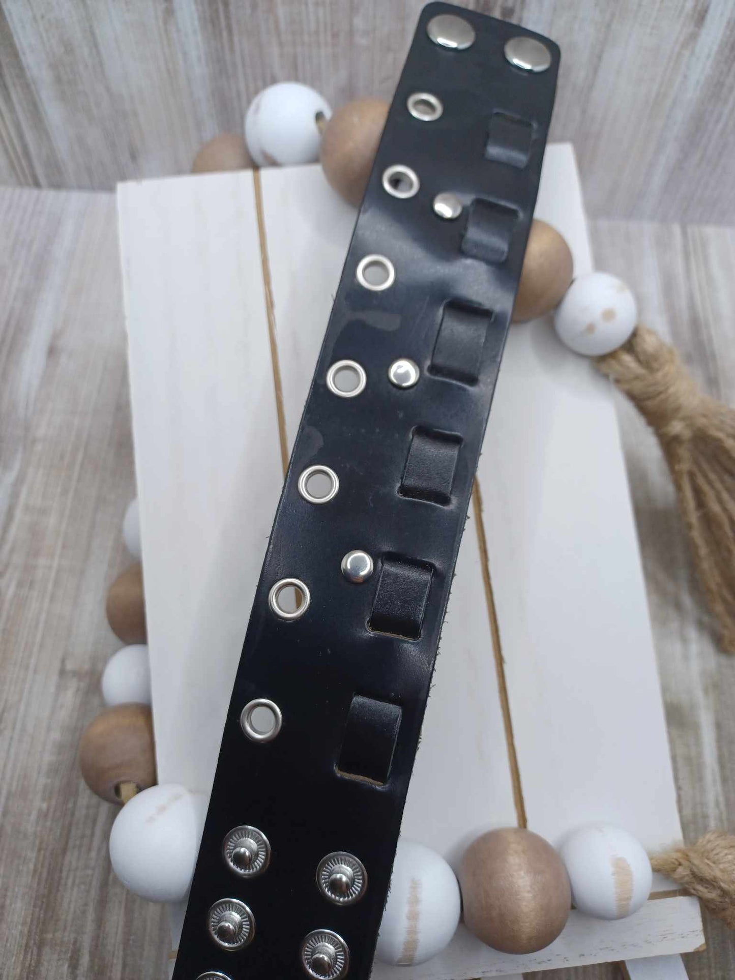 Black Leather Style Bracelet w/ Silver Gromets