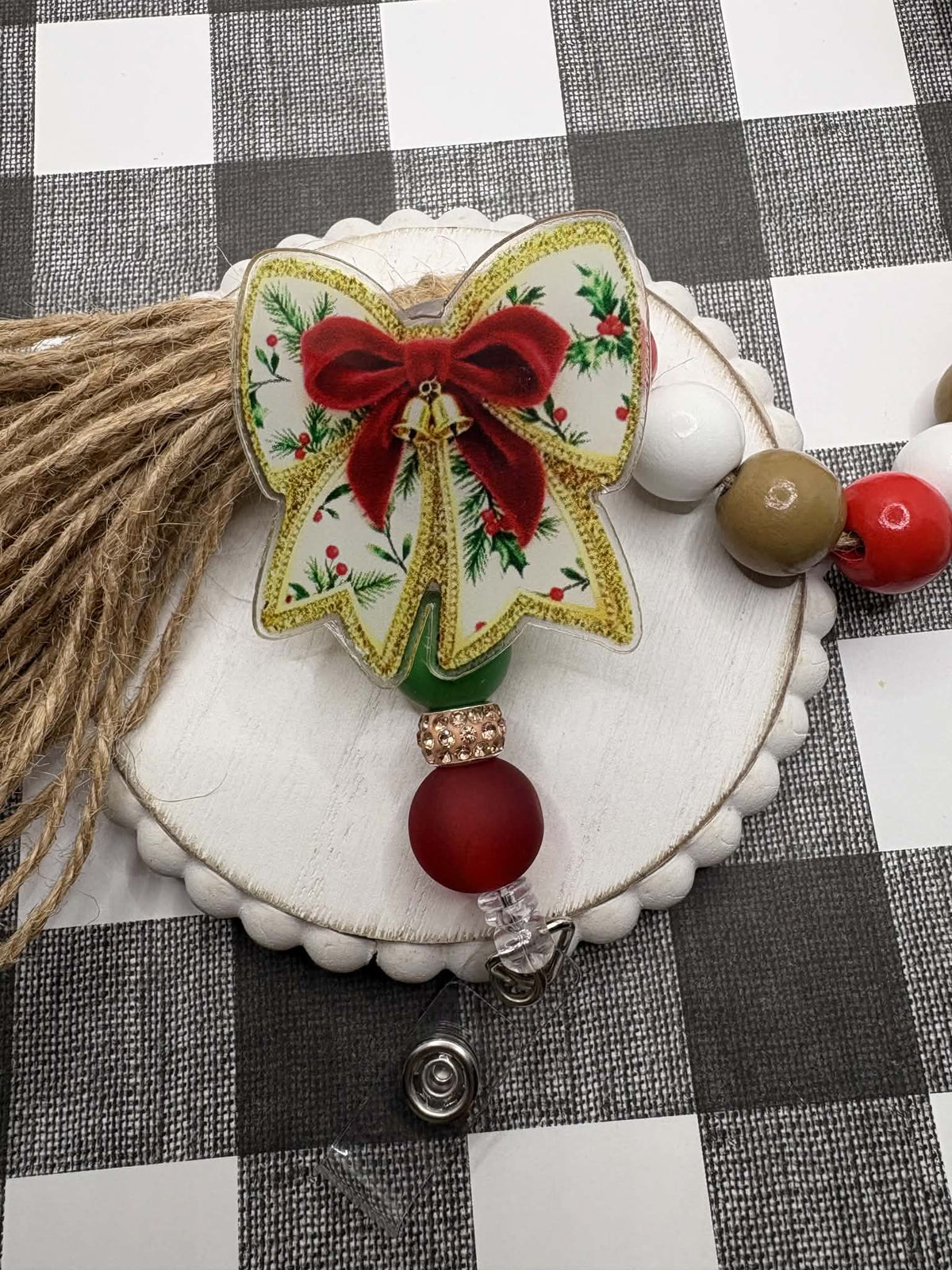 Gold & Red Christmas Bow Beaded Badge Reel