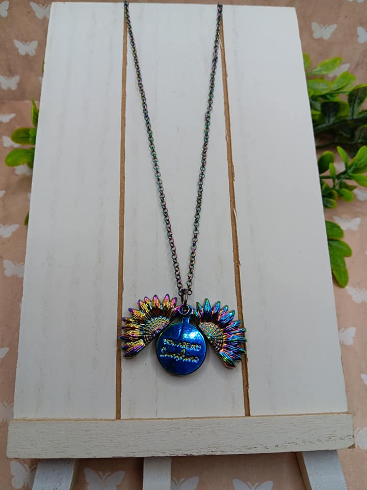 Oil Spill Style Necklace w/ Sunflower "You are my Sunshine"
