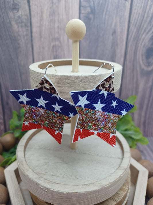 Red, White, Blue, & Leopard Print Star Earrings