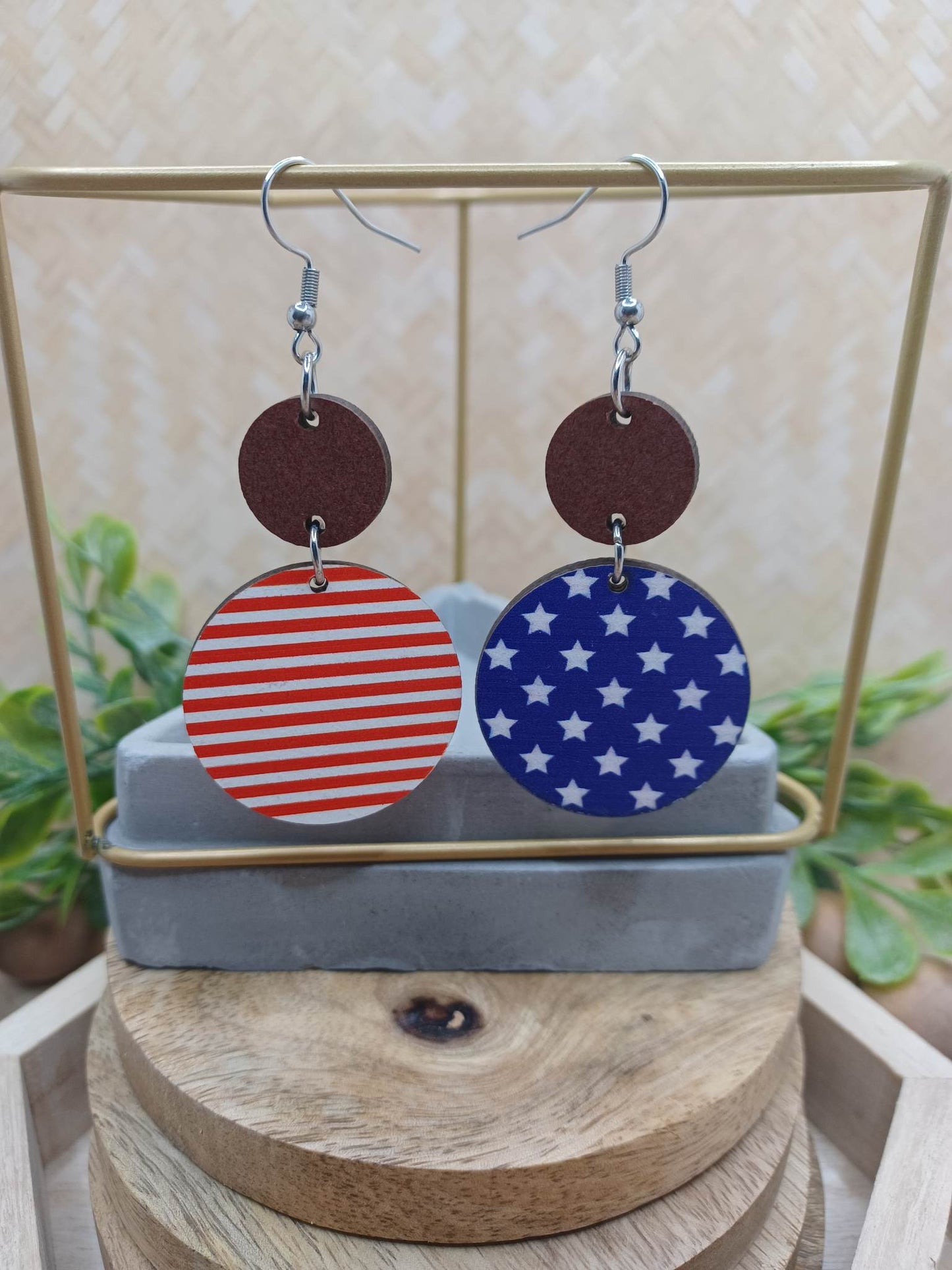 Wooden Rounded Red, White, & Blue Earrings