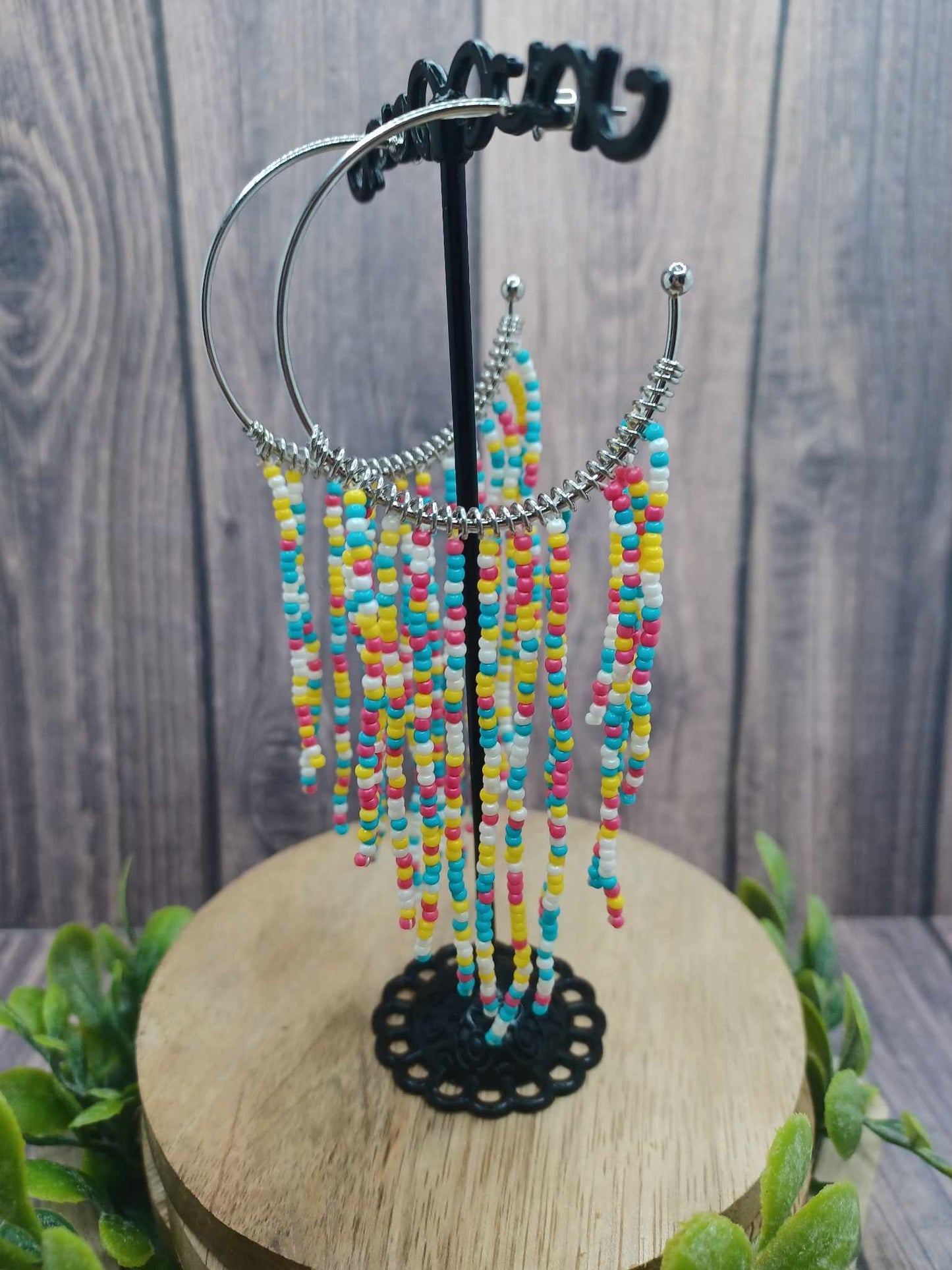 Silver Hoop Earrings w/ Multicolored Beaded Tassels