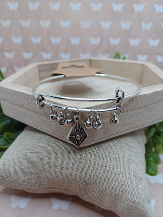 Silver Bangle Style Bracelet w/ Rhinestone Charms