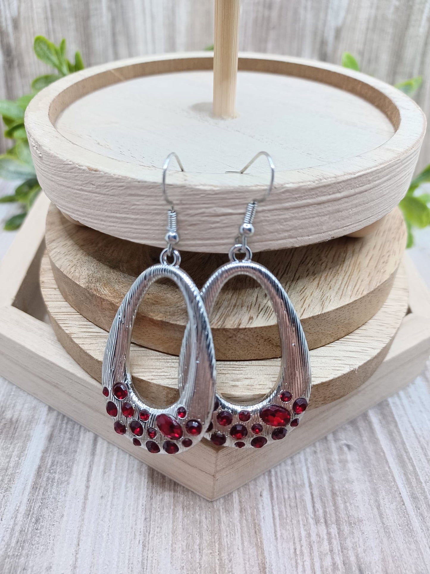 Silver Textured Teardrop Earrings w/ Red Rhinestones