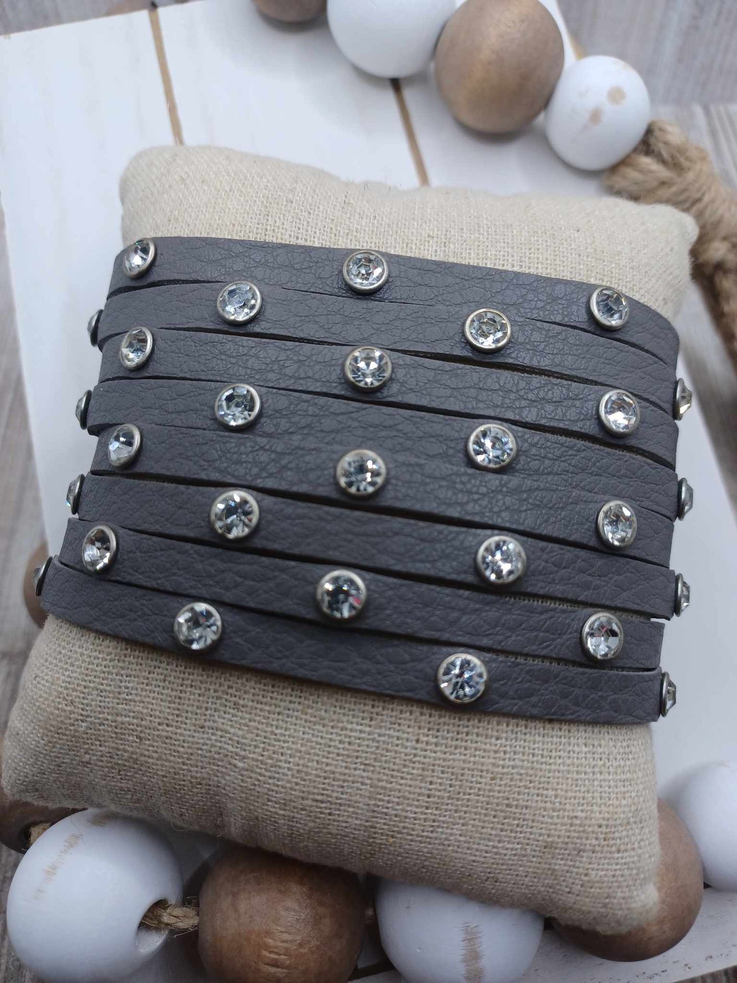 Gold Leather Style Bracelet w/ Rhinestone Accents