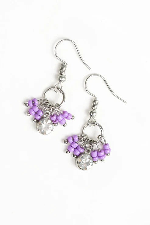 Dainty Silver Earrings w/ Purple & Rhinestone Accents
