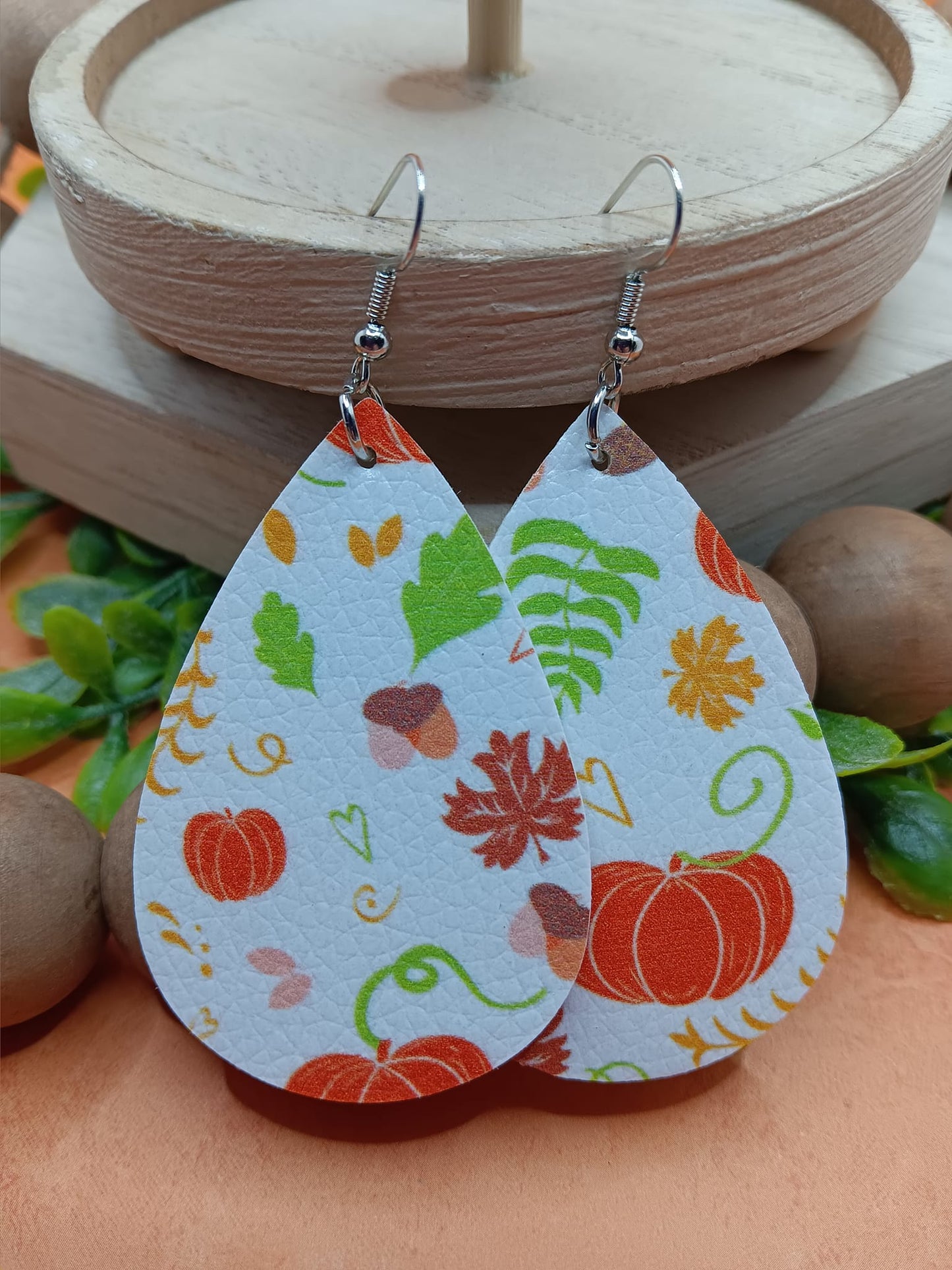 Fall Patterned Earrings w/ Greenery, Pumpkins, & Leaves
