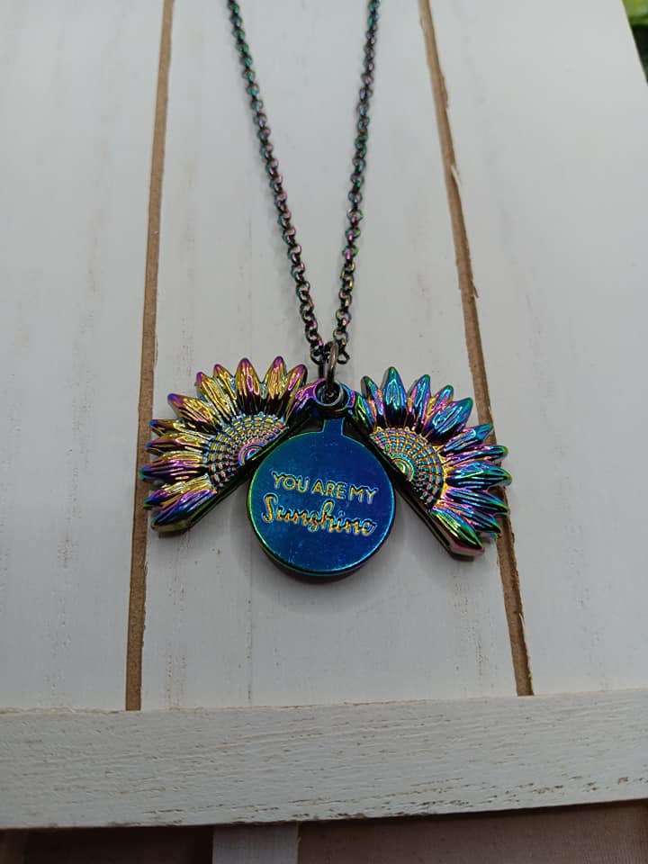 Oil Spill Style Necklace w/ Sunflower "You are my Sunshine"