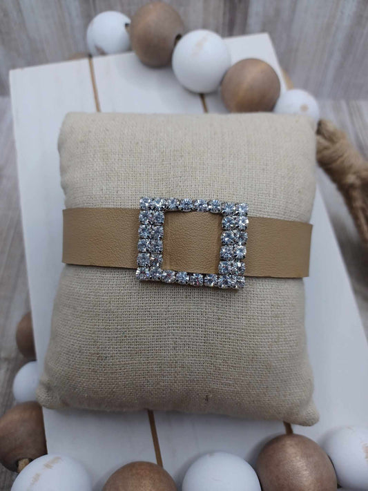 Brown Leather Style Bracelet w/ Rhinestone Buckle