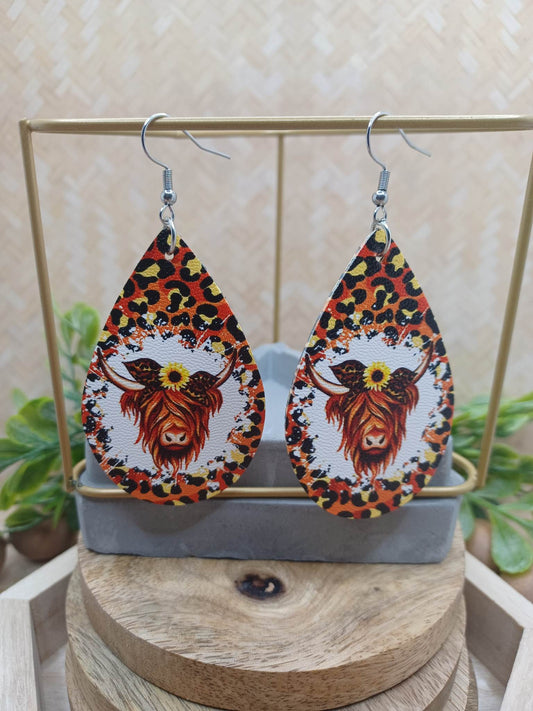 Leopard Cow Earrings w/ Sunflowers
