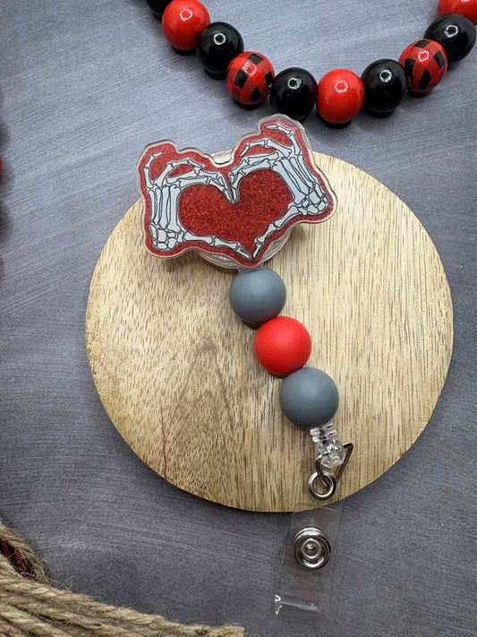 Skeleton Hand Heart Halloween Beaded Badge Reel