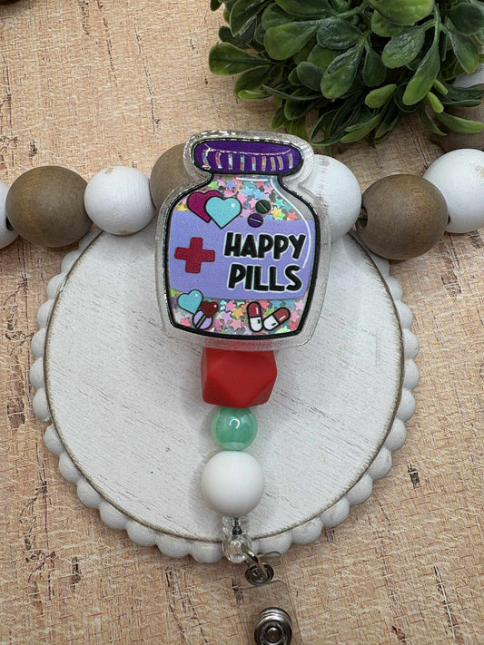 Happy Pills Beaded Badge Reel - Red, Teal, White