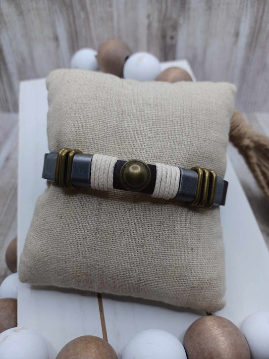 Brown Leather Style Bracelet w/ White Woven, Pewter, & Green Accents
