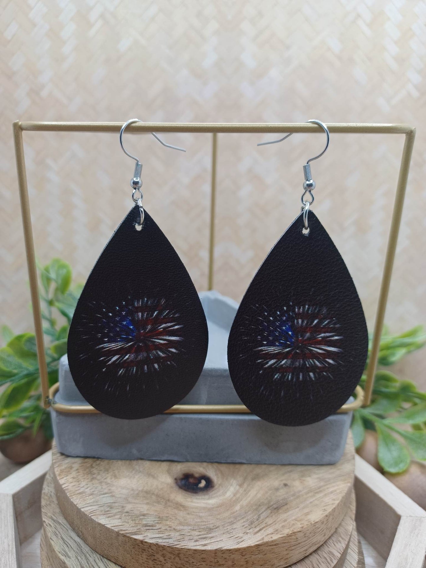 Leather Style Firework Earrings w/ American Flag