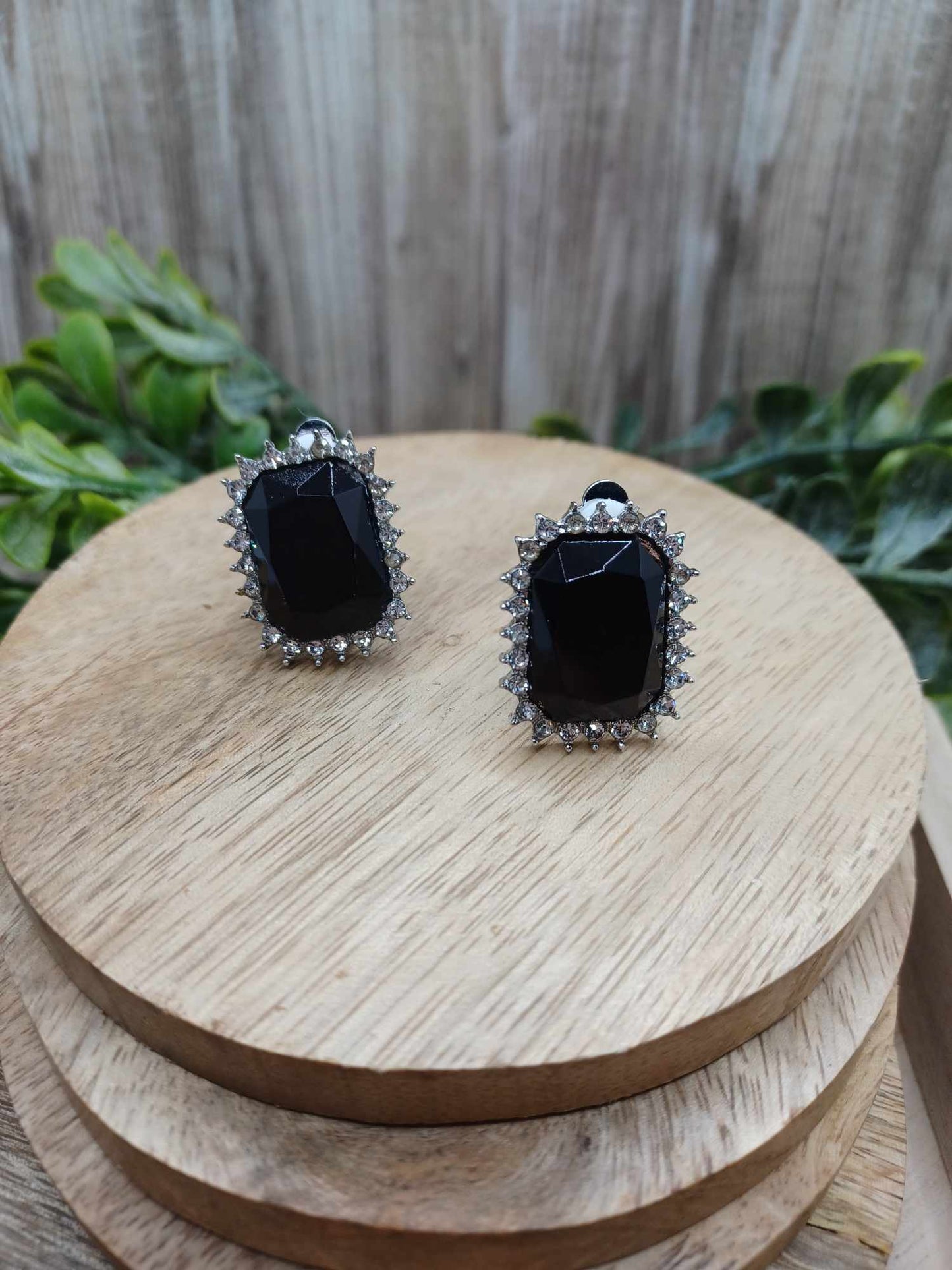 Black & Gunmetal Squared Rhinestone Earrings