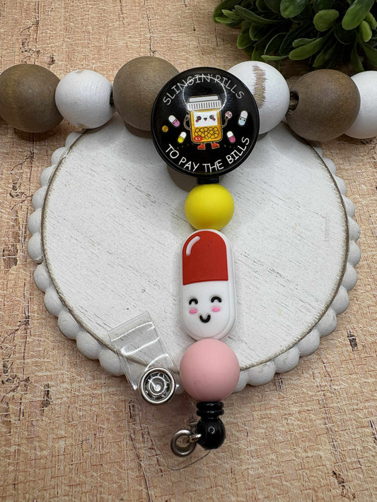 Slinging Pills to Pay the Bills Beaded Badge Reel
