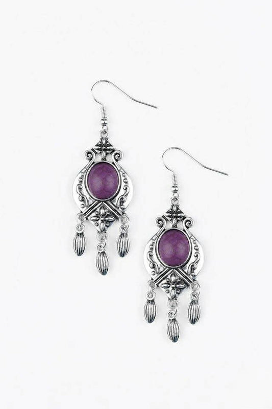 Silver Antiqued Style Earrings w/ Purple Crackle Stone & Silver Dangle Beads