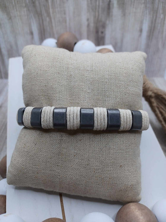 Brown Leather Style Bracelet w/ White Woven & Pewter Details