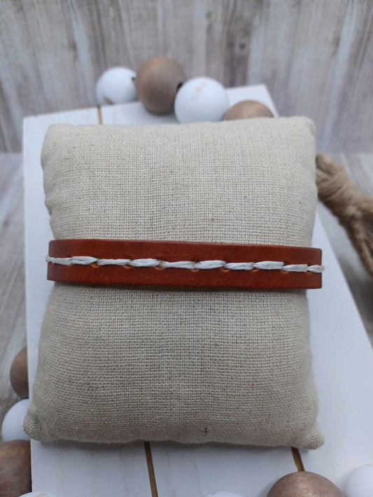 Light Brown Leather Style Bracelet w/ White Woven Detail