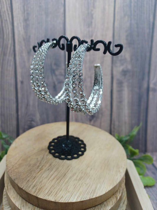 Silver Triple Hoop Earrings w/ Rhinestone Accents