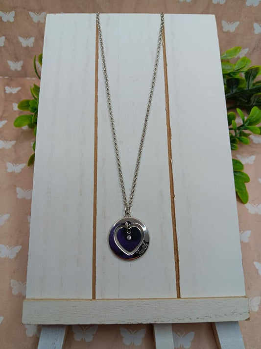 Silver Necklace w/ Circle/Heart Inspirational Pendant Reading "Faith"