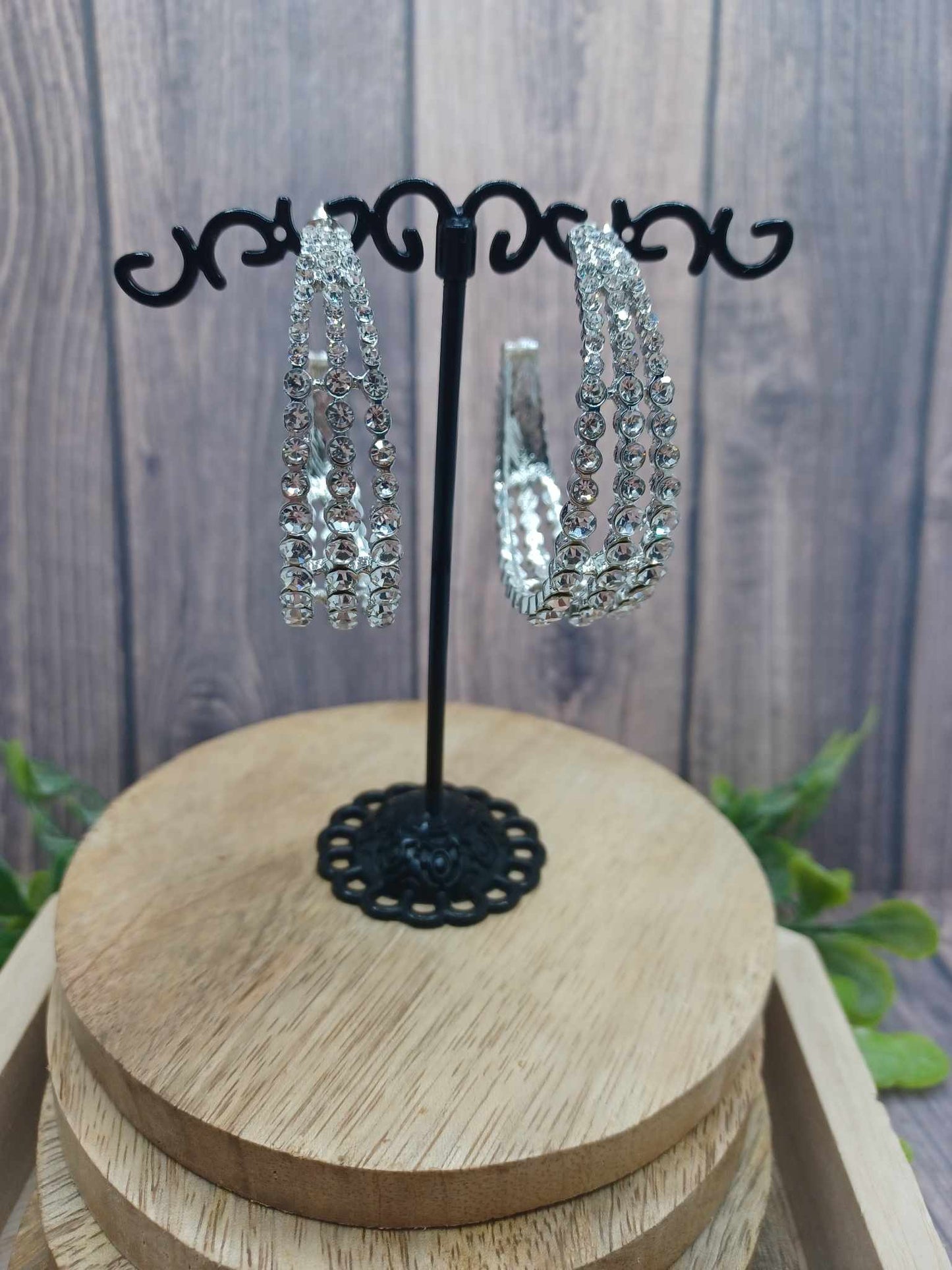 Silver Triple Hoop Earrings w/ Rhinestone Accents
